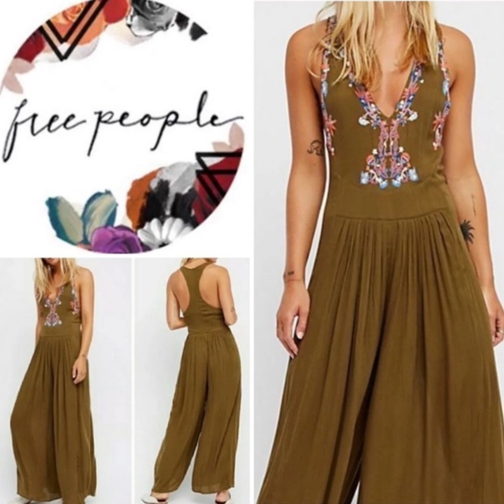 Free People Amalfi Jumpsuit in Olive Green Colorful Embroidery Size 4